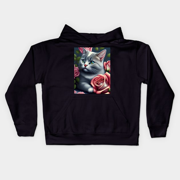 British Shorthair Kitten With Roses Kids Hoodie by Enchanted Reverie